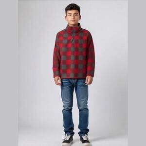 Gymboree Boy Pullover 10 12 Mix n Match Gray Red Buffalo Check Fleece Sweatshirt